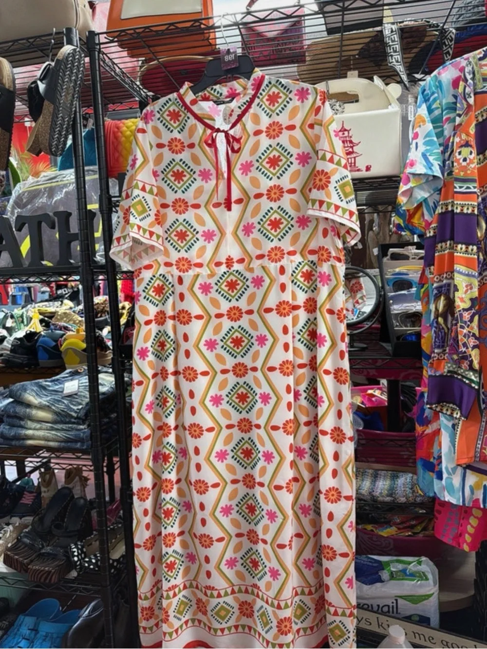Women's Geometric Floral Maxi Dress - White with Pink & Orange
